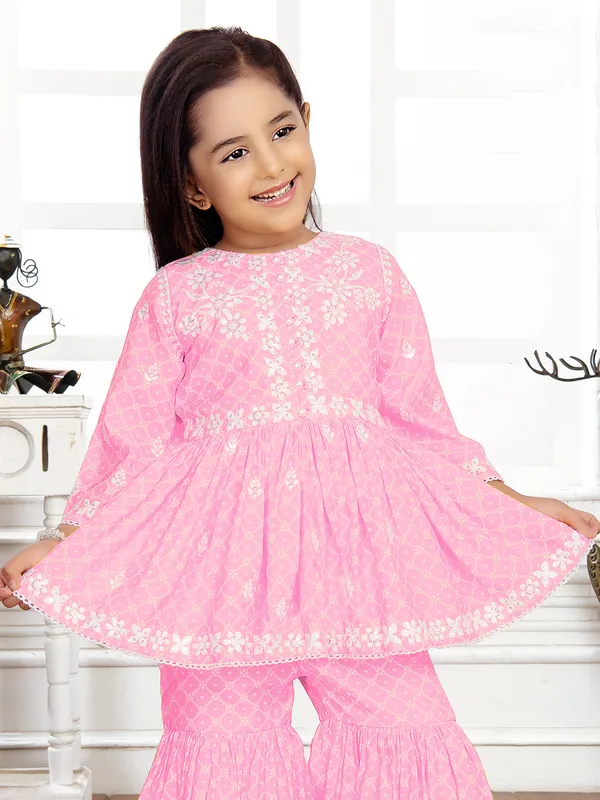Trendy pink printed cotton sharara suit