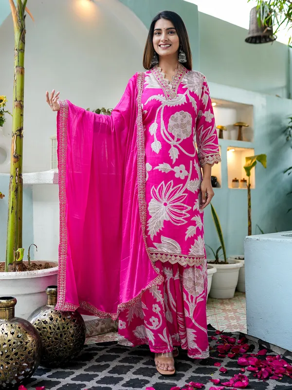 Trendy pink silk sharara suit