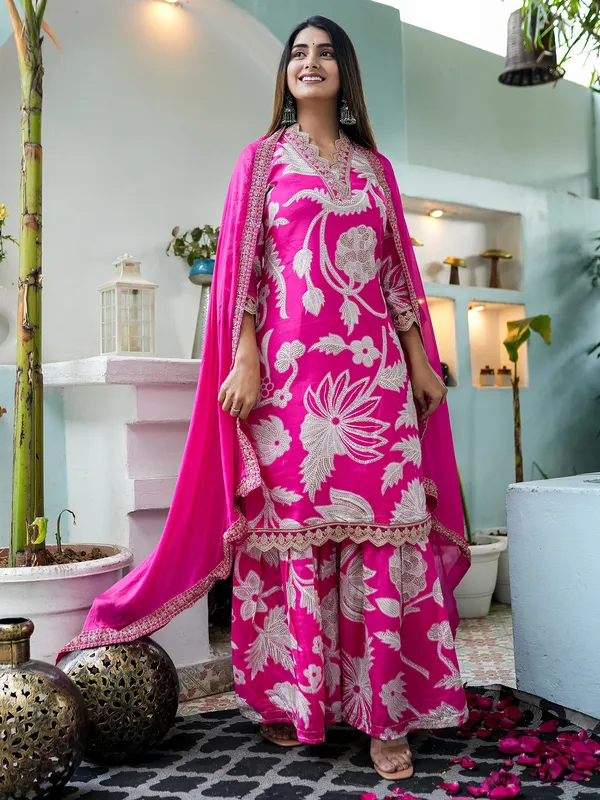 Trendy pink silk sharara suit