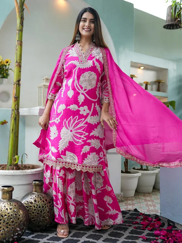 Trendy pink silk sharara suit