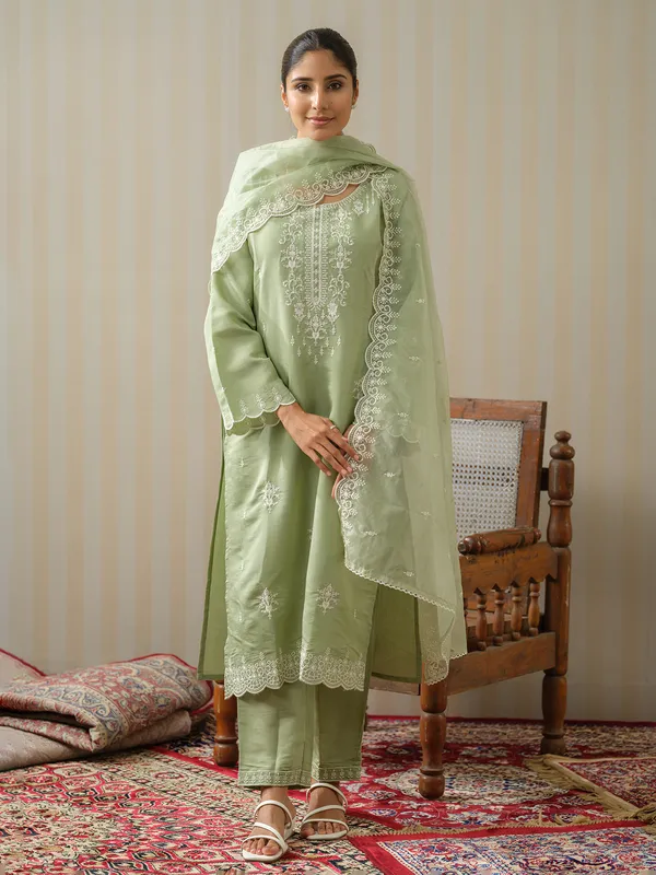 Trendy pista green cotton kurti set