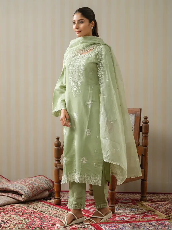 Trendy pista green cotton kurti set