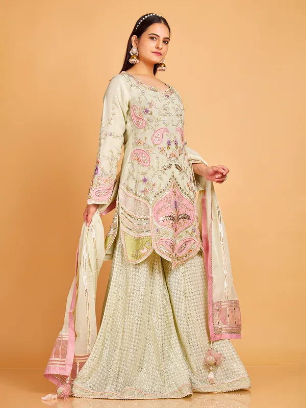 Trendy pista green georgette sharara suit