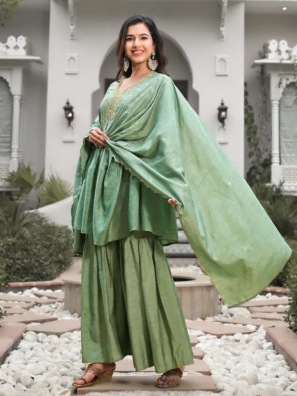 Trendy pista green silk sharara set