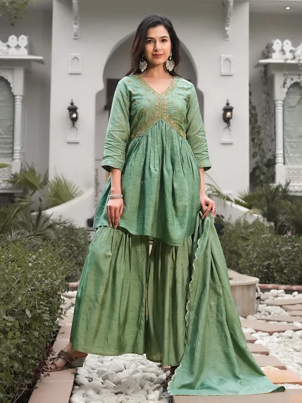 Trendy pista green silk sharara set