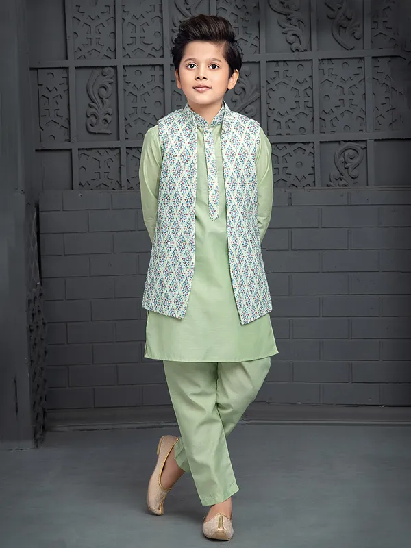 Trendy pista green waistcoat set in silk
