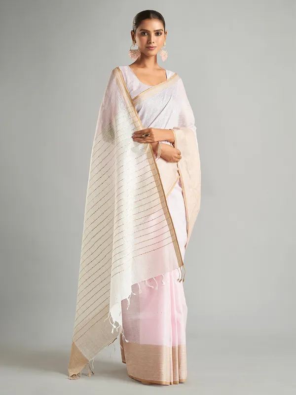 Trendy plain pink cotton linen saree