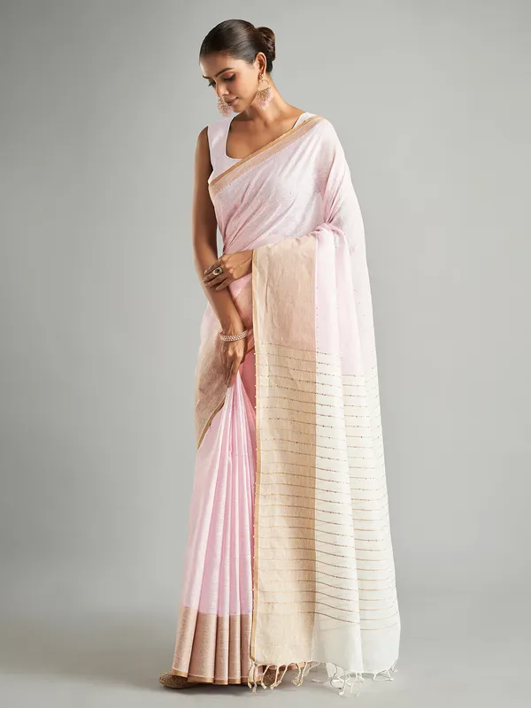 Trendy plain pink cotton linen saree