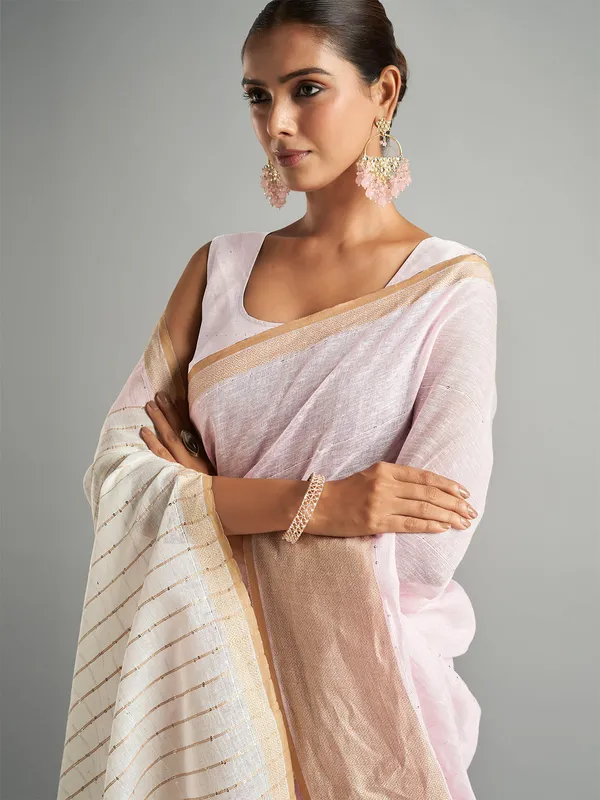 Trendy plain pink cotton linen saree