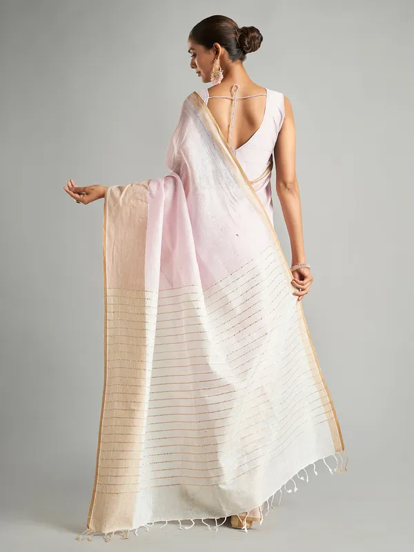Trendy plain pink cotton linen saree