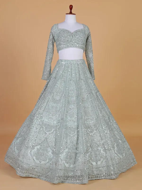 Trendy powder blue net lehenga choli for wedding