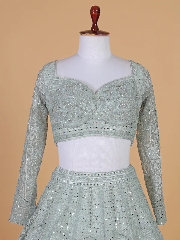Trendy powder blue net lehenga choli for wedding