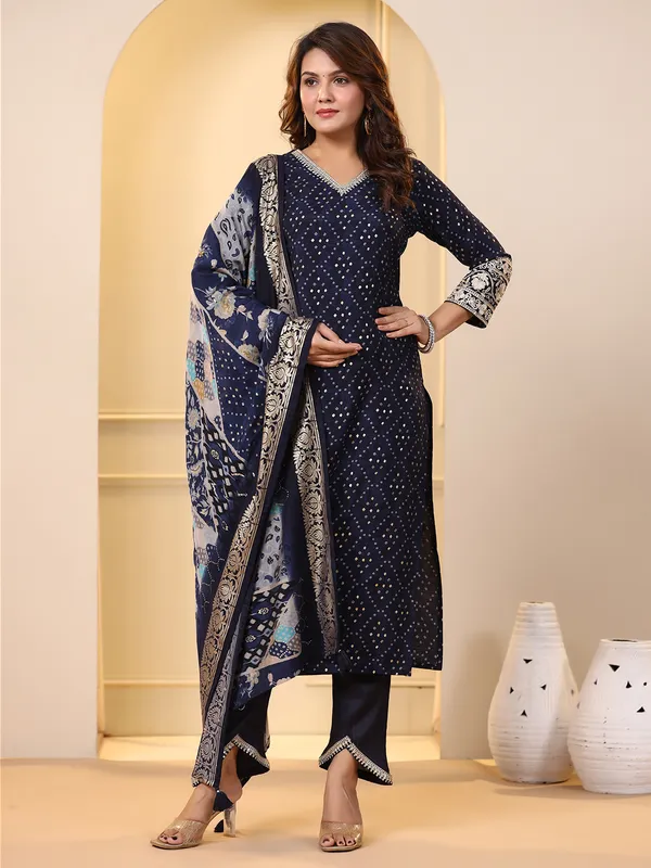 Trendy printed cotton navy kurti set