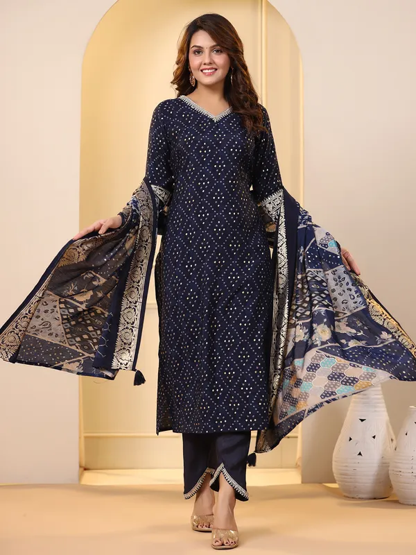 Trendy printed cotton navy kurti set