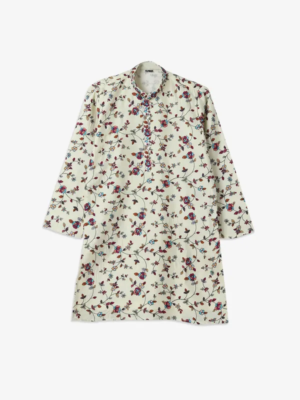 Trendy printed cream cotton kurta suit