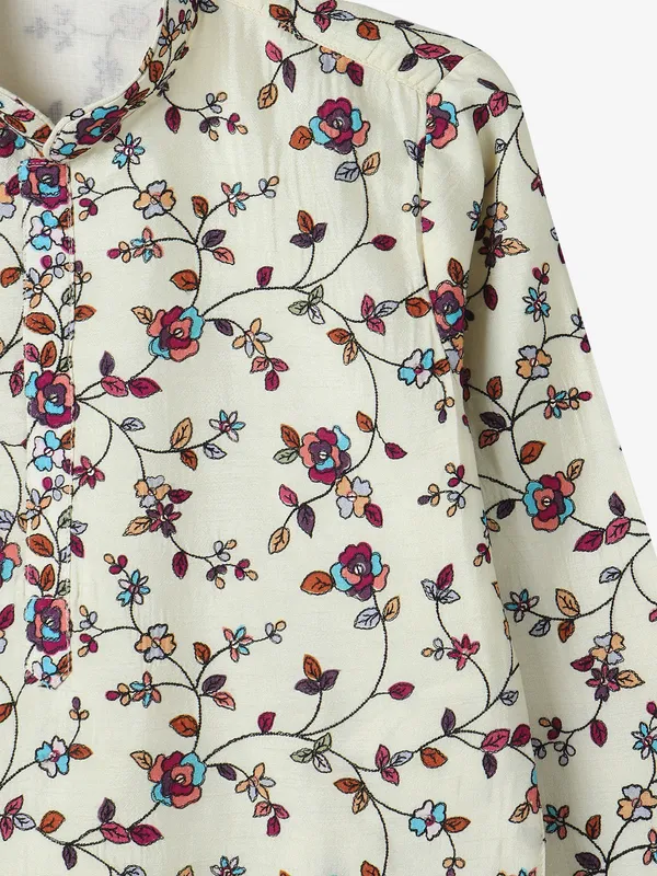 Trendy printed cream cotton kurta suit