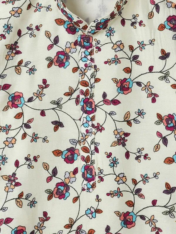 Trendy printed cream cotton kurta suit