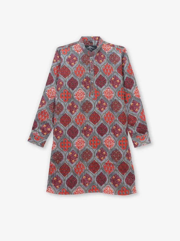 Trendy printed grey cotton kurta set for boys