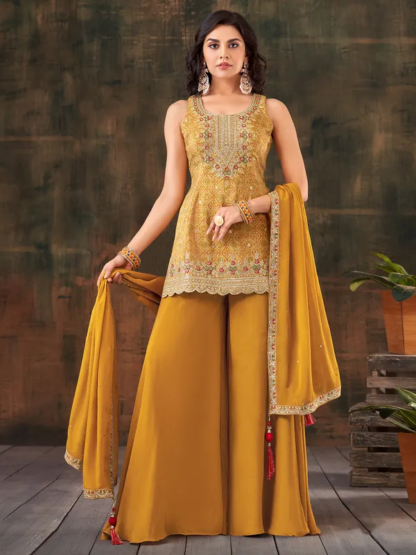 Trendy printed mustard yellow silk palazzo suit