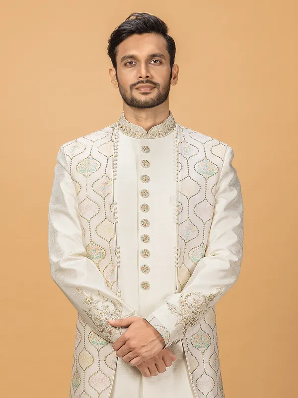Trendy printed silk indowestern in cream