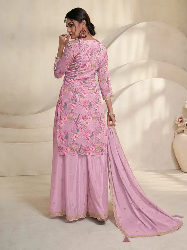 Trendy printed violet silk palazzo suit