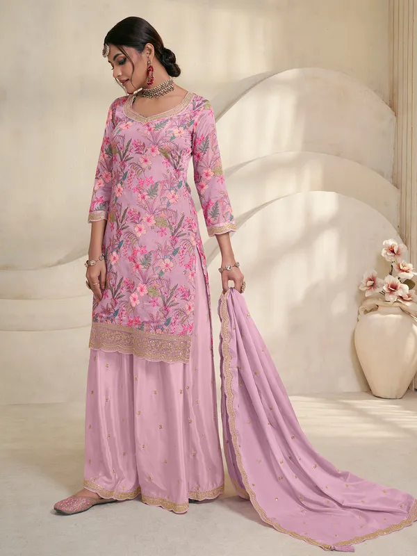 Trendy printed violet silk palazzo suit