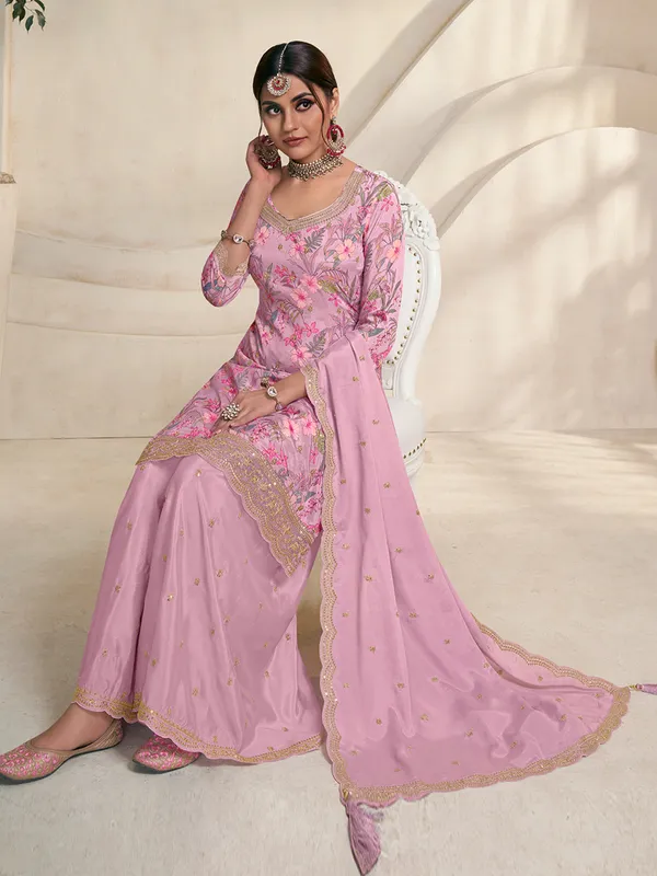 Trendy printed violet silk palazzo suit
