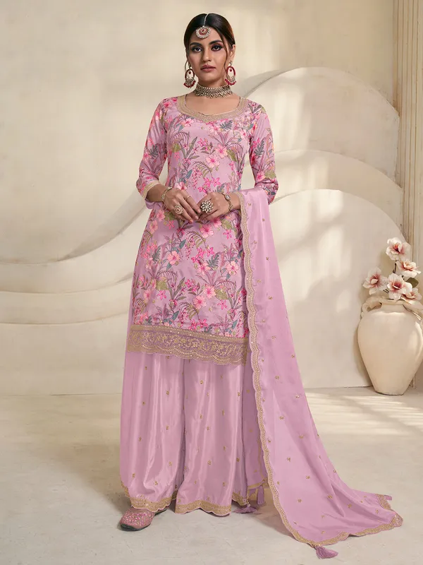 Trendy printed violet silk palazzo suit