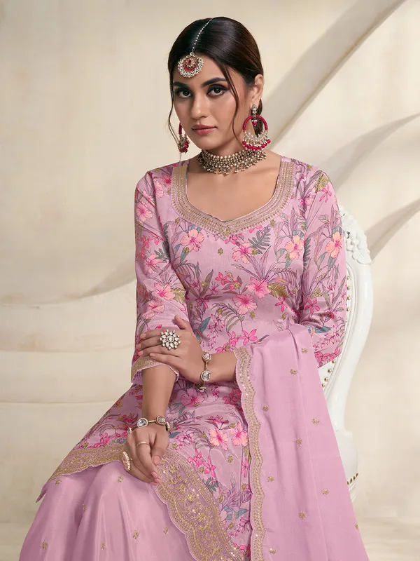 Trendy printed violet silk palazzo suit