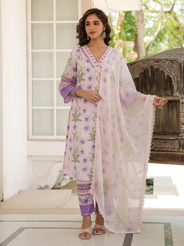 Trendy purple cotton printed kurti set