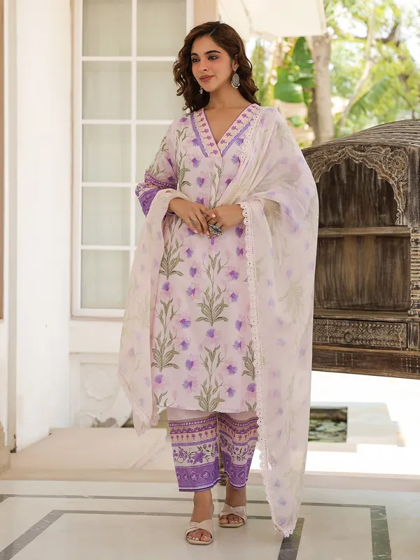 Trendy purple cotton printed kurti set