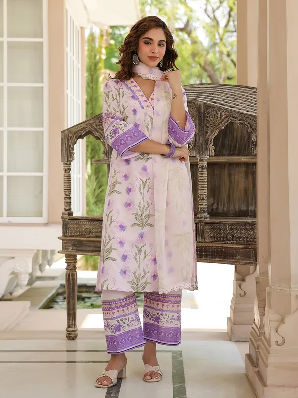 Trendy purple cotton printed kurti set