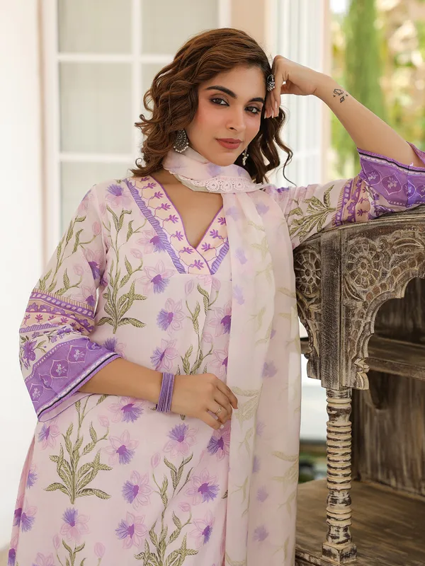 Trendy purple cotton printed kurti set