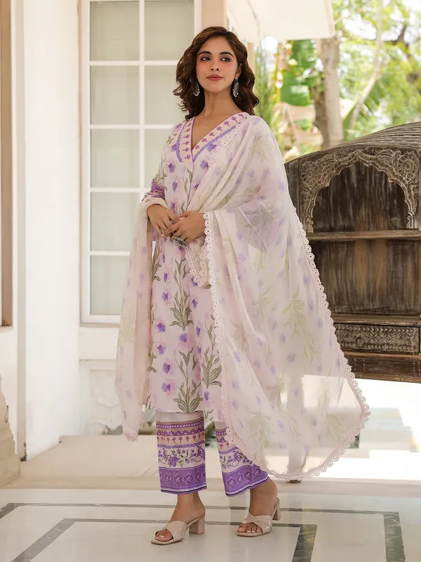 Trendy purple cotton printed kurti set