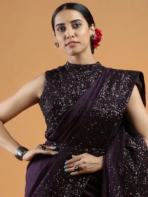 Trendy purple organza saree for party events