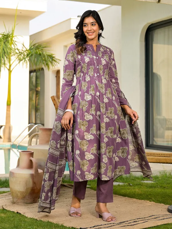 Trendy purple printed cotton kurti set