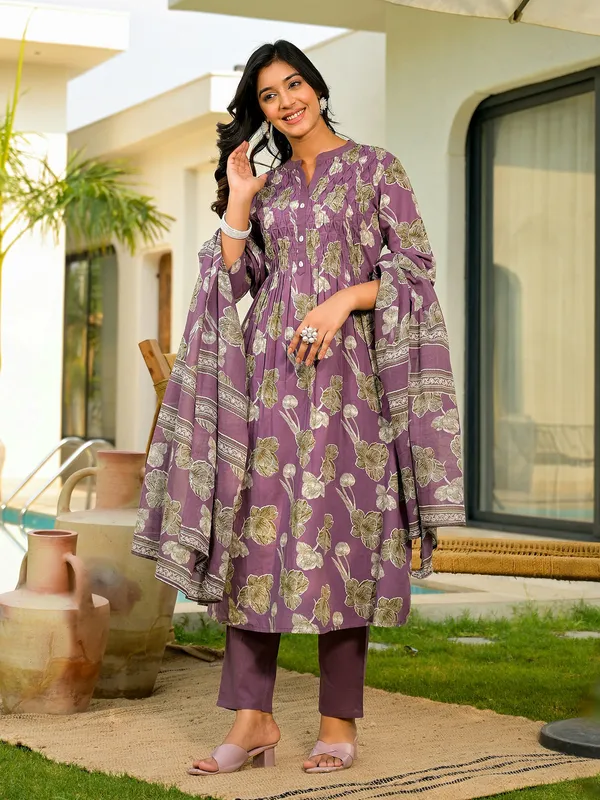 Trendy purple printed cotton kurti set