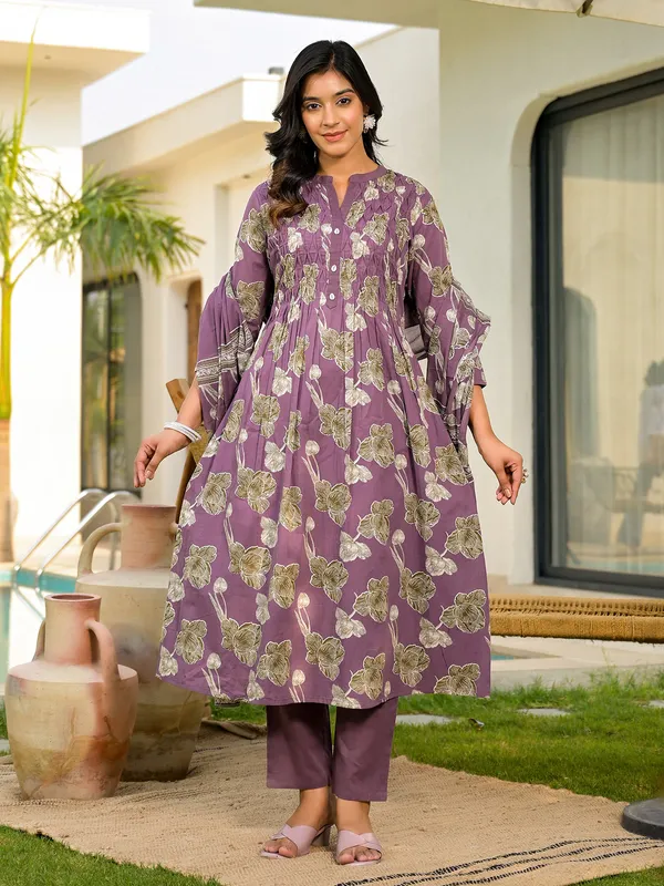 Trendy purple printed cotton kurti set
