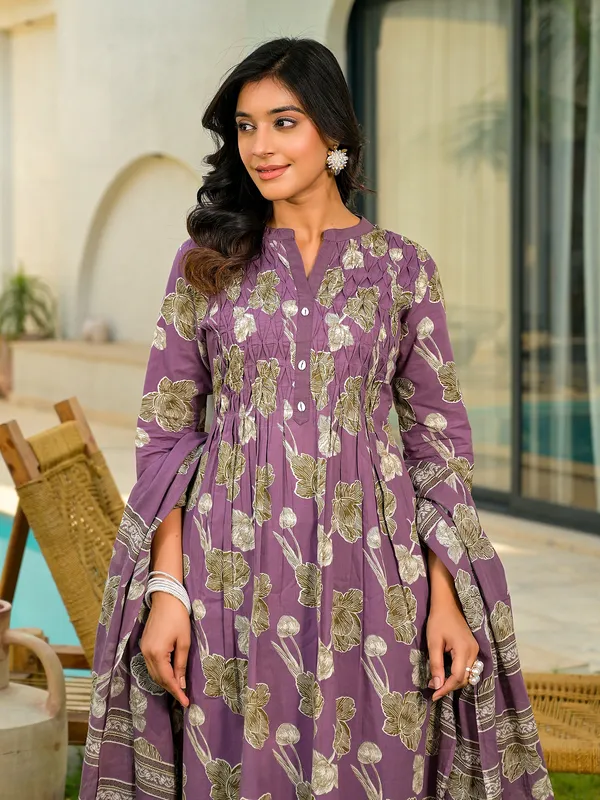 Trendy purple printed cotton kurti set