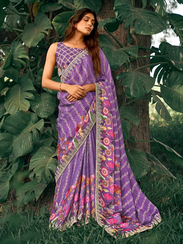 Trendy purple printed saree in spanish satin