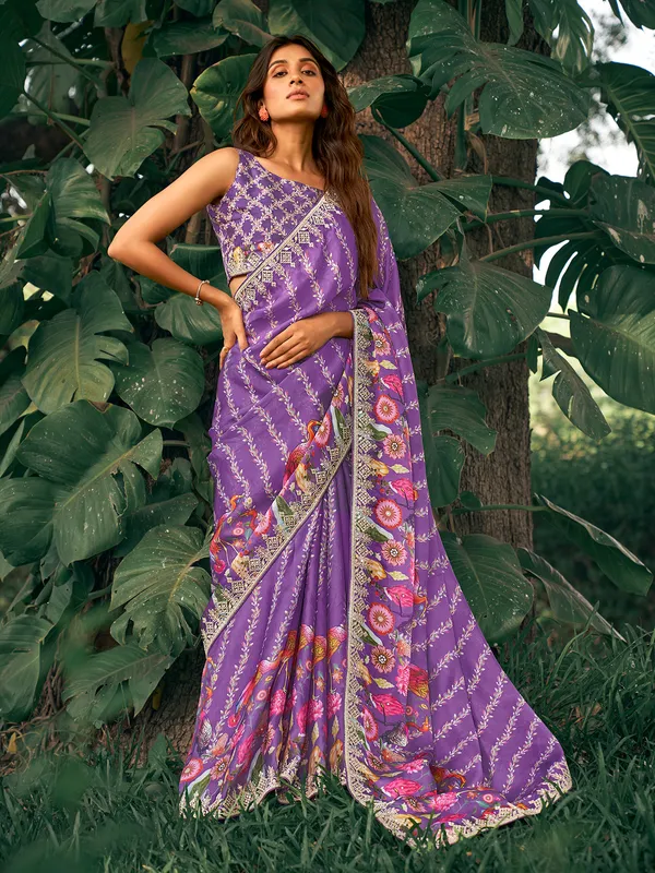 Trendy purple printed saree in spanish satin