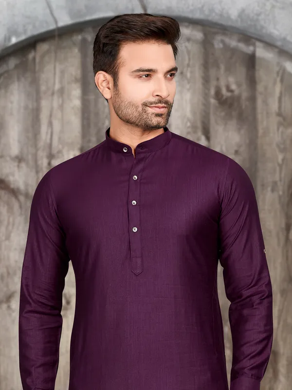 Trendy purple silk plain  Men Kurta pajama