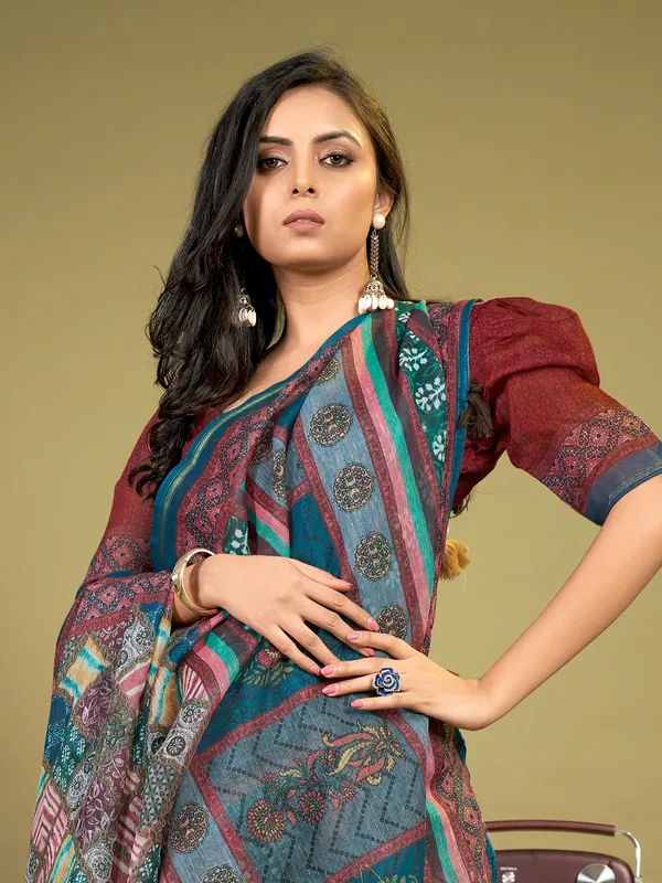 Trendy rama blue cotton printed saree