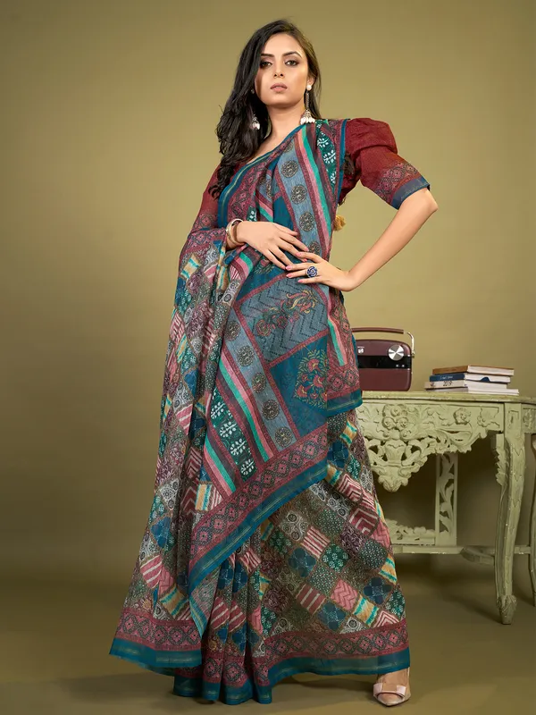 Trendy rama blue cotton printed saree