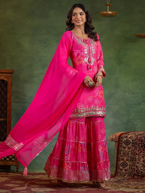 Trendy rani color silk sharara kurti set