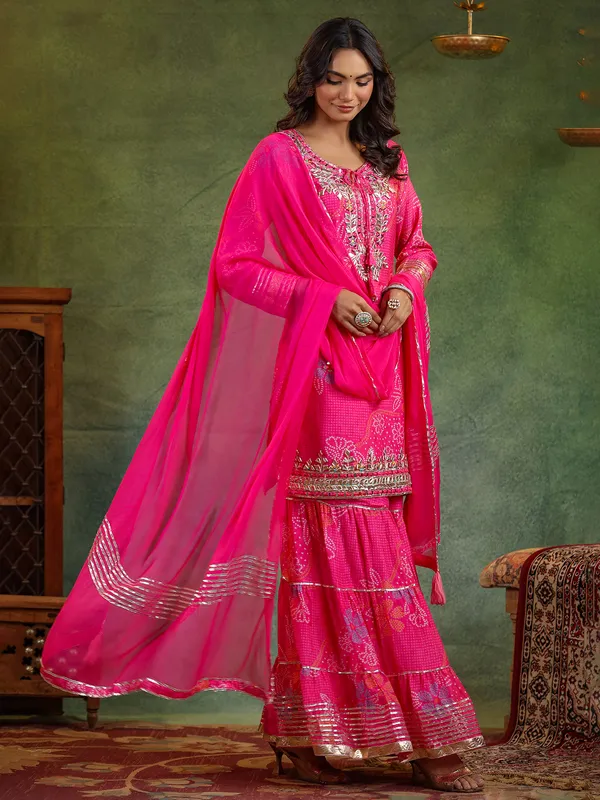 Trendy rani color silk sharara kurti set