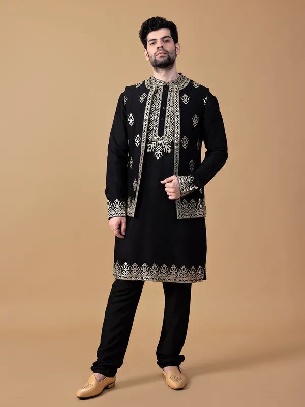 Trendy raw silk black waistcoat set