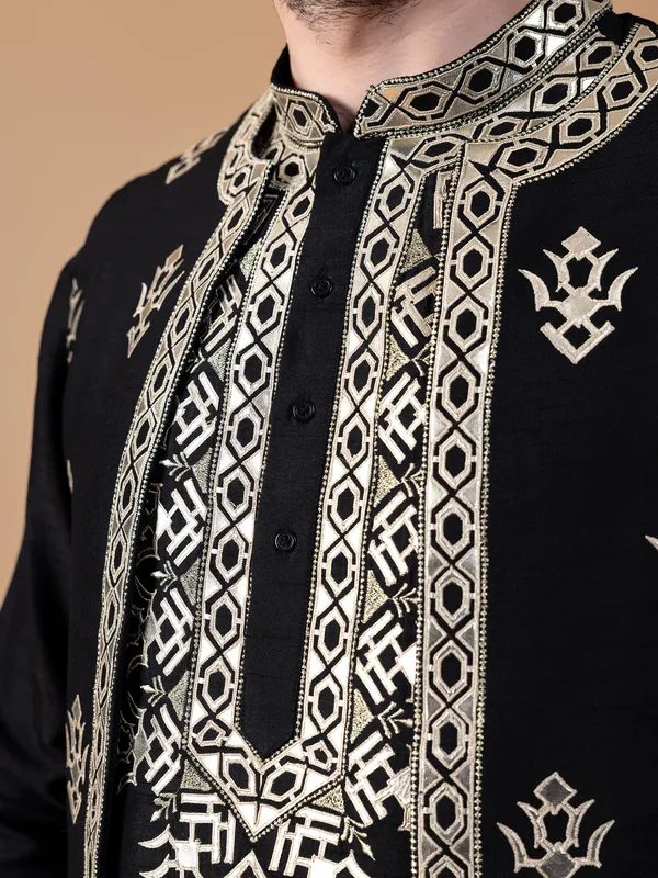 Trendy raw silk black waistcoat set