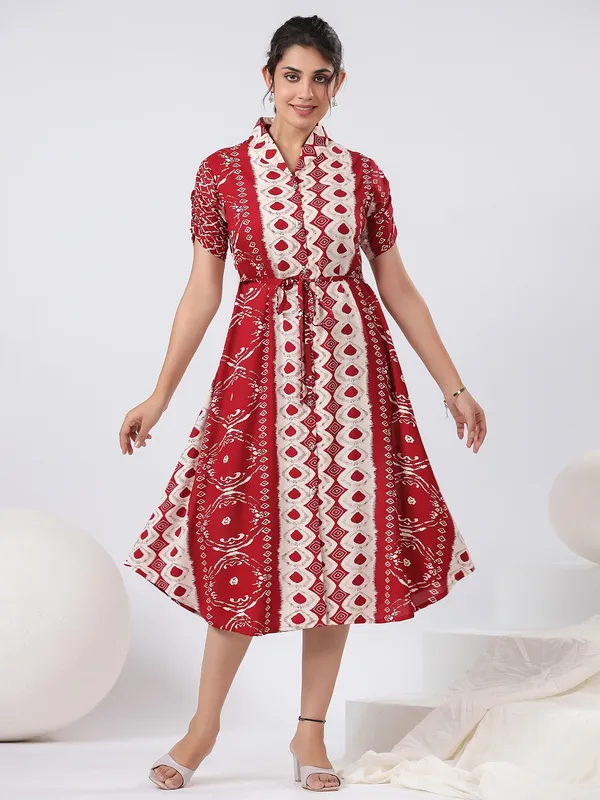 Trendy red cotton printed kurti