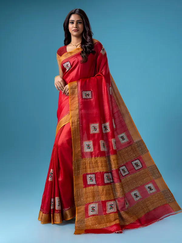 Trendy red cotton saree
